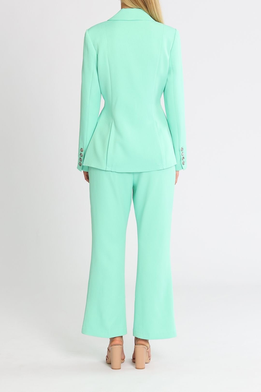 Mint Blazer And Black Flare Pants In Cotton Sateen Outfit