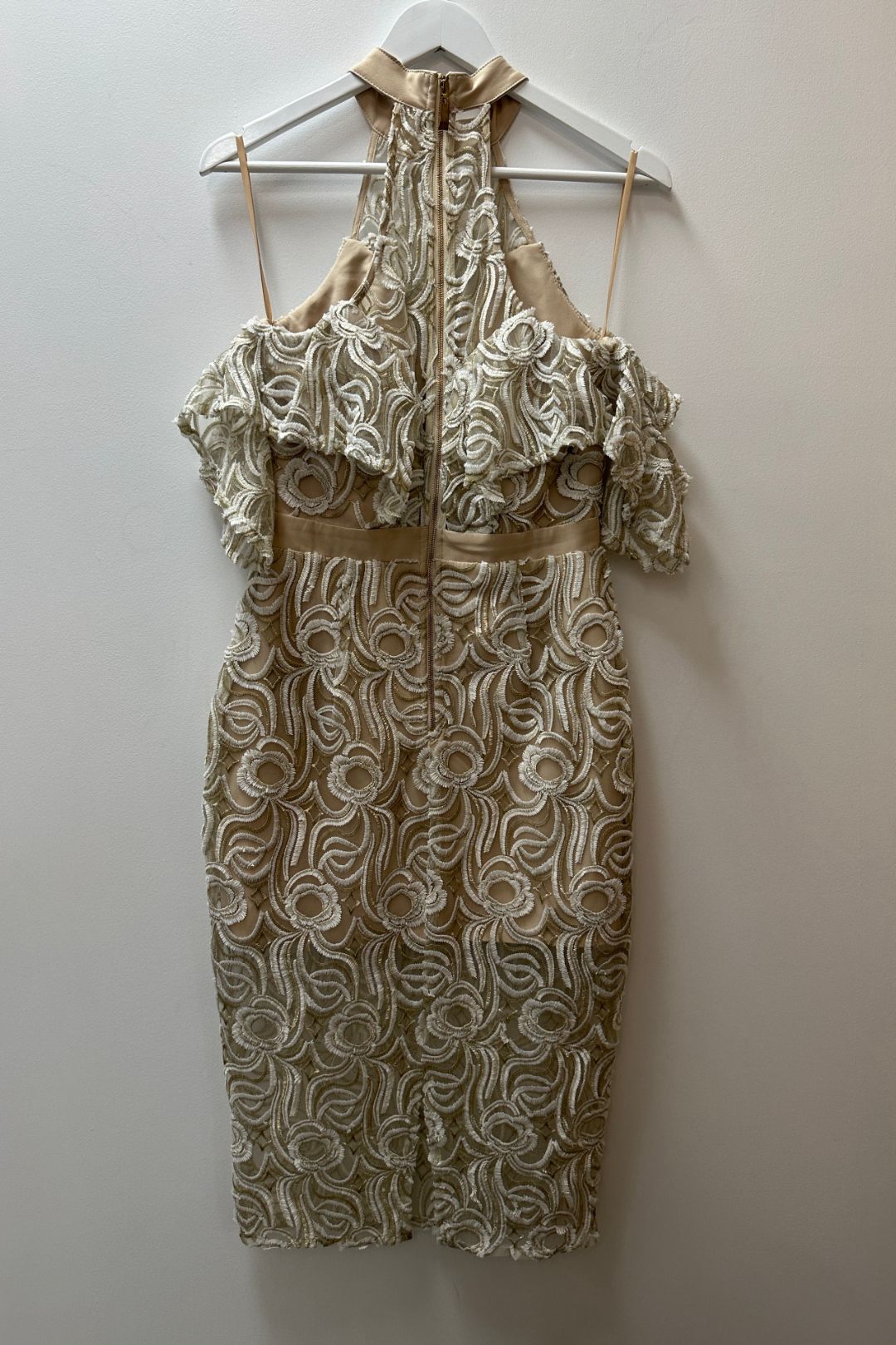 Buy Embroidered Ruffle Midi Dress in Beige | Runaway The Label | GlamCorner