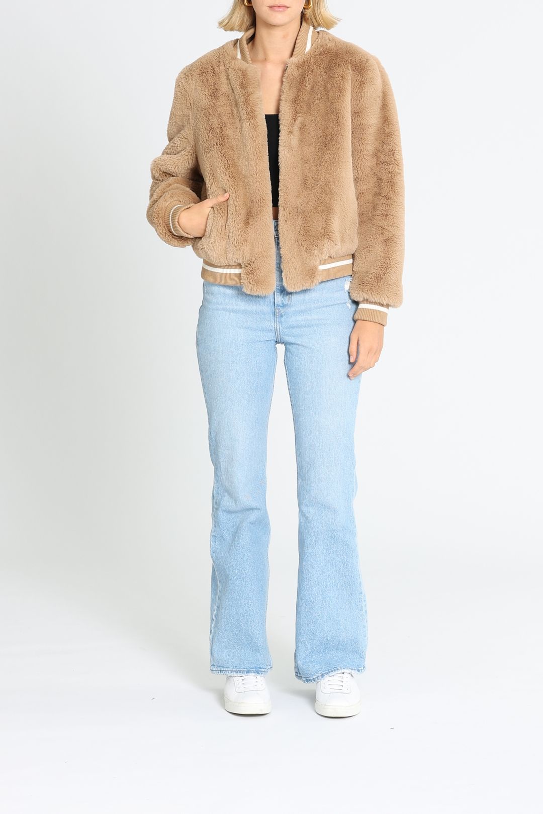Hire Bomber Faux Fur Jacket in Almond Ena Pelly GlamCorner