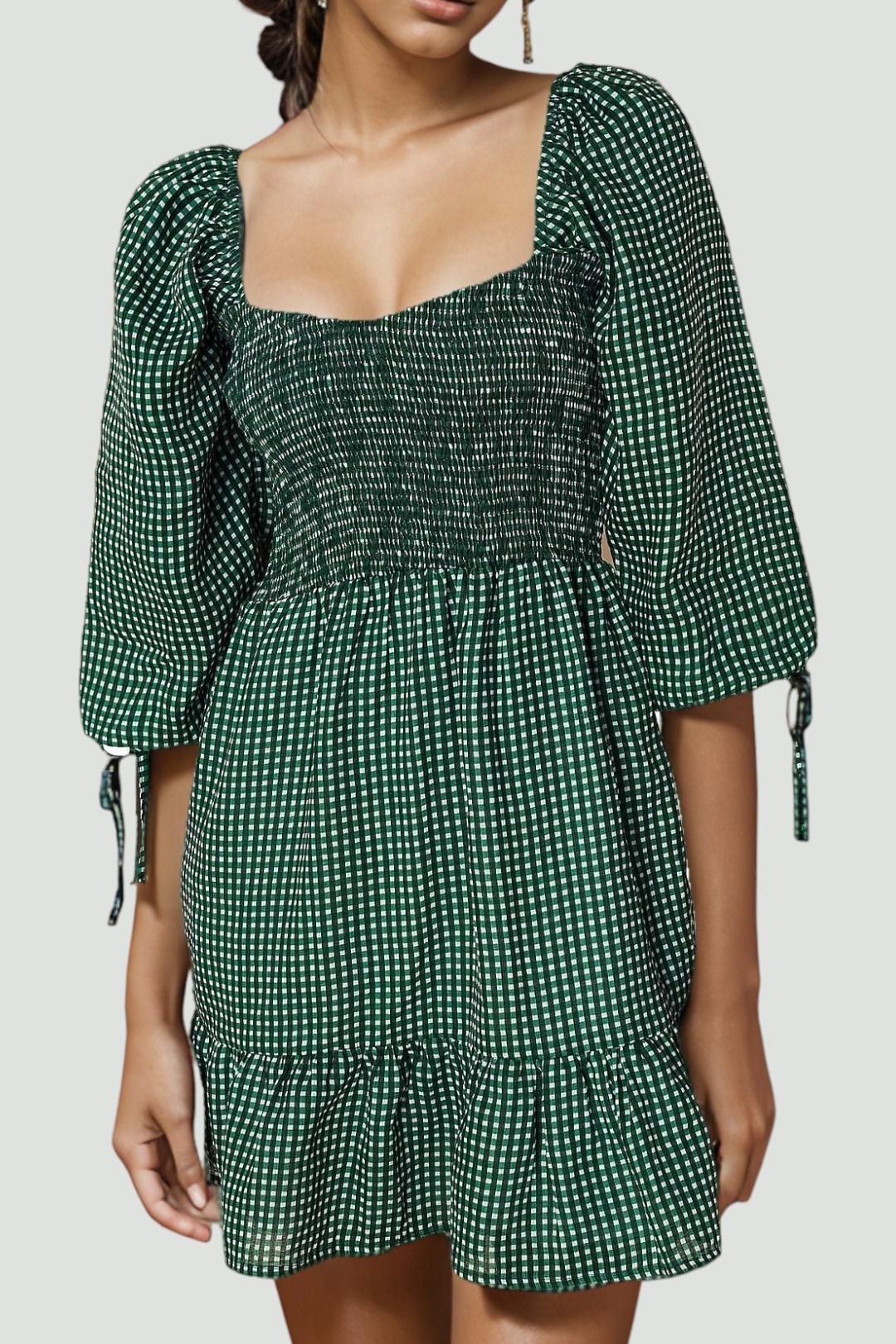 Hire Romina Mini Dress Solene Check in Basil | Faithfull | GlamCorner
