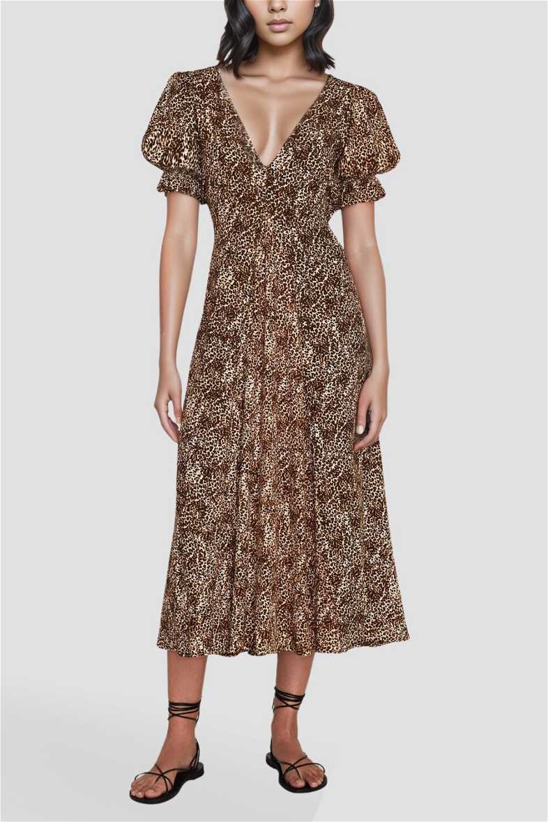 Leopard Long Lantern Sleeve Midi Dresses main image 1