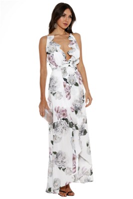 white flowery maxi dress Rose Garden Tiered Ruffle Floral Trim Maxi Dress White