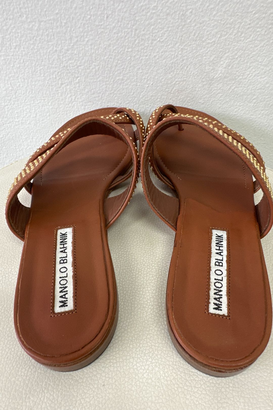 Manolo Blahnik Flat Strappy Sandals in Brown