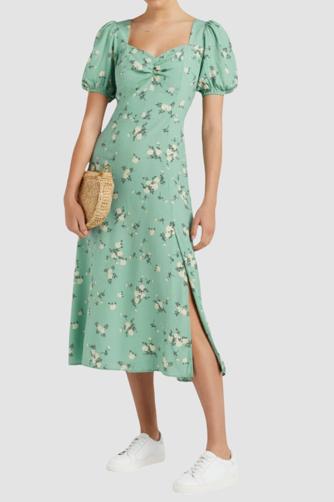 French Connection Floral Sweetheart Summer Midi Dress in Green