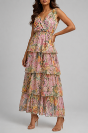 YAS Floral Tiered Maxi Dress in Pink