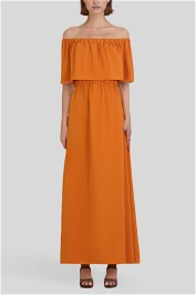 Fluid Exposed Shoulder Ruffle Dress in Orange