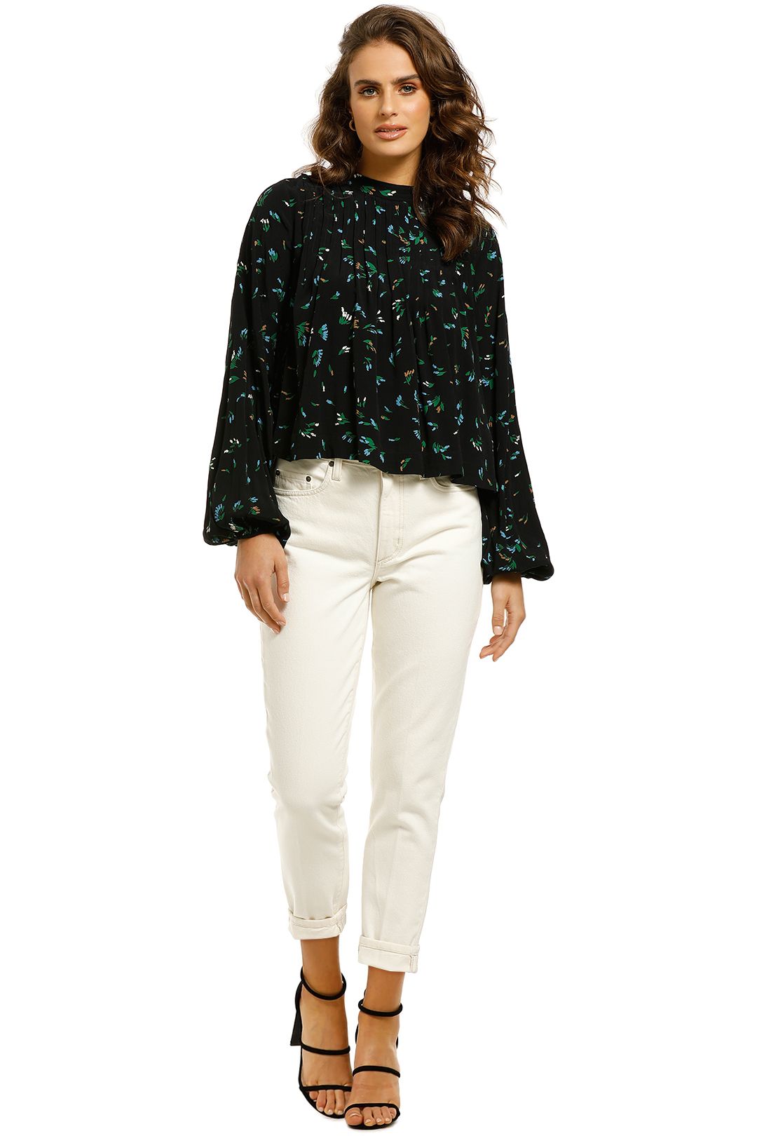 Ganni-Floral-Print-Pleated-Crepe-Top-Front