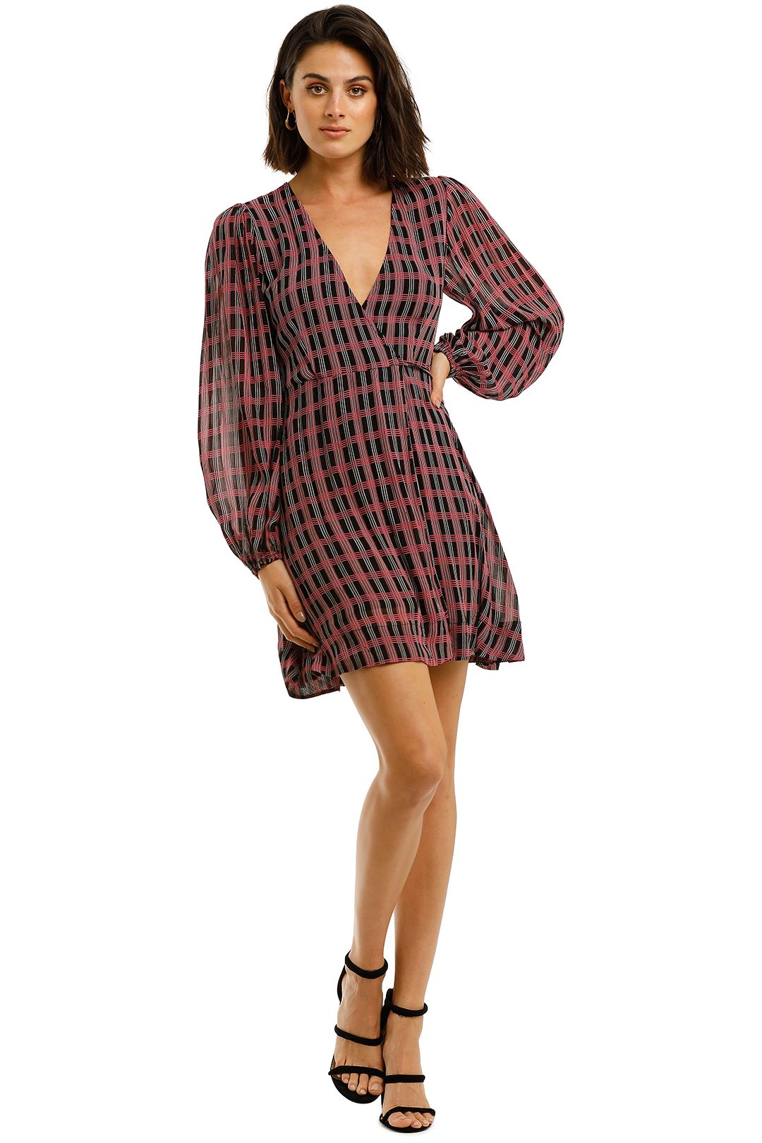 Ganni-Georgette-Check-Print-LS-Wrap-Dress-Fuchsia-Front