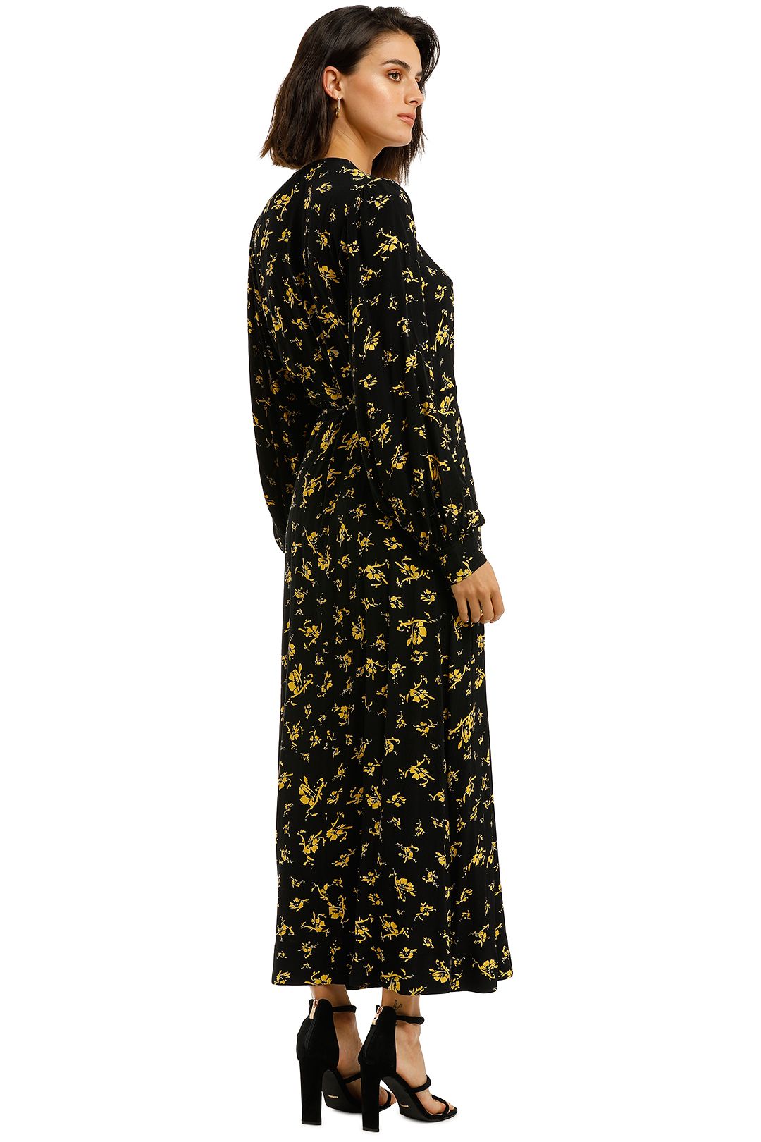 Ganni-Printed-Crepe-LS-Long-Dress-Black-Yellow-Back