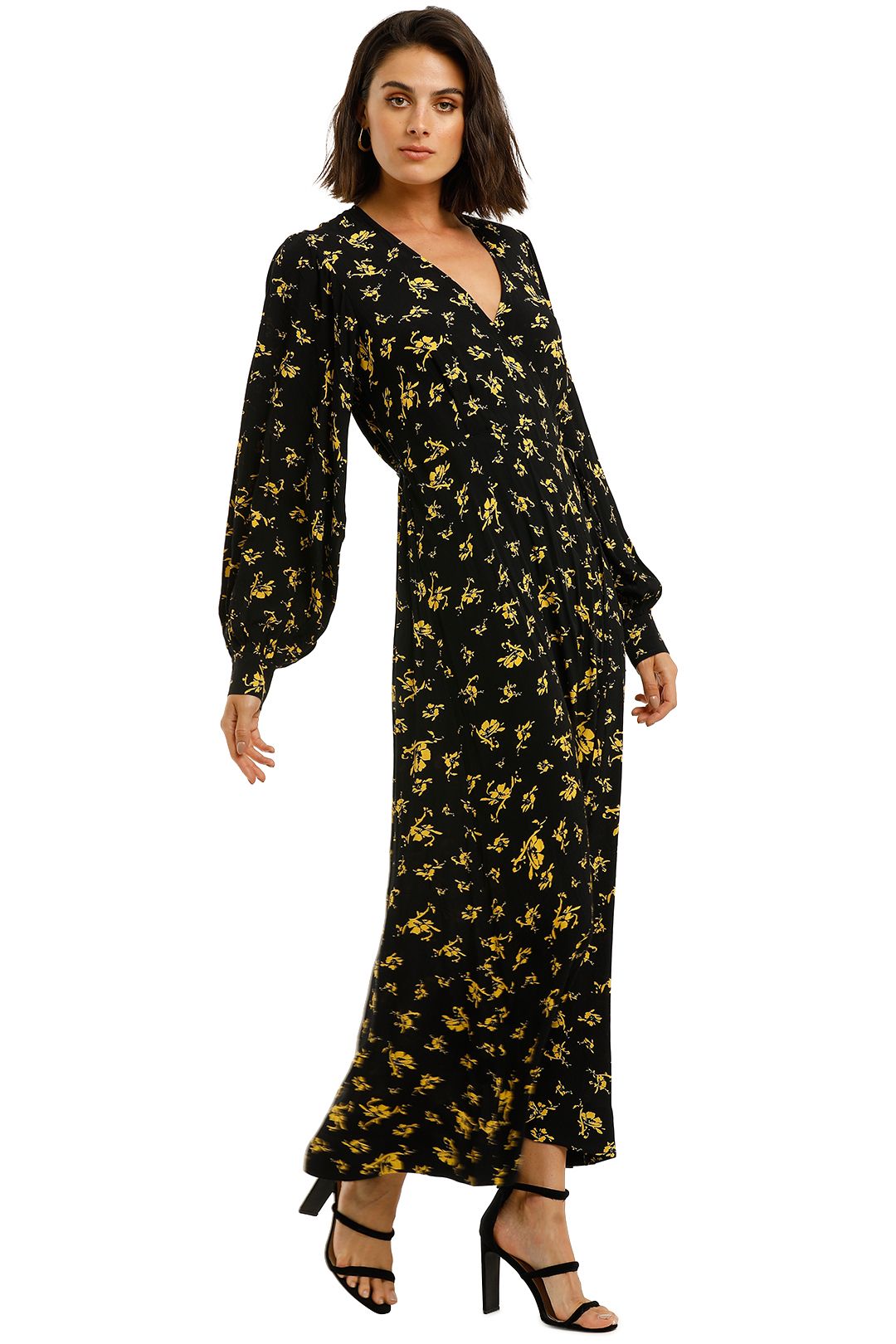 Ganni-Printed-Crepe-LS-Long-Dress-Black-Yellow-Side
