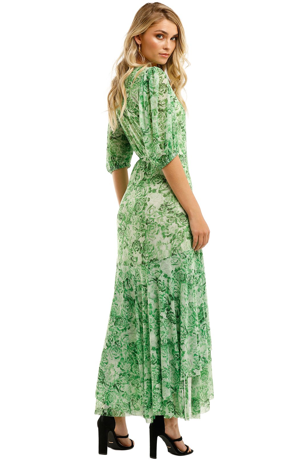 Printed Mesh Long Dress in Green by Ganni for Hire | GlamCorner