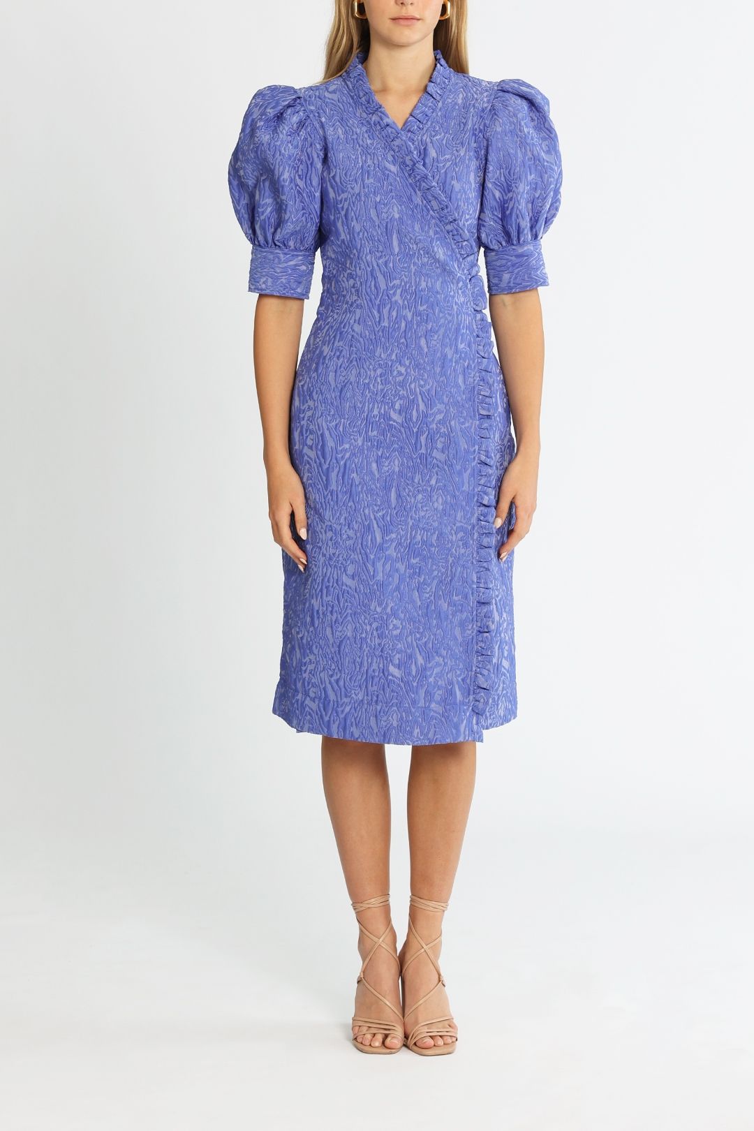 Hire 3D Jacquard Blue Iris Short Sleeve Wrap Dress in Blue Iris Ganni GlamCorner