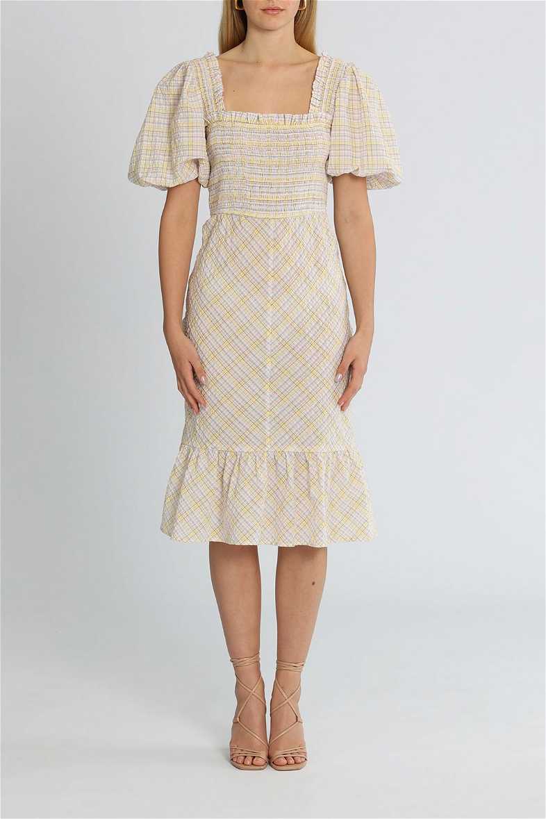 Hire Check Shirred Midi Dress | Ganni | GlamCorner