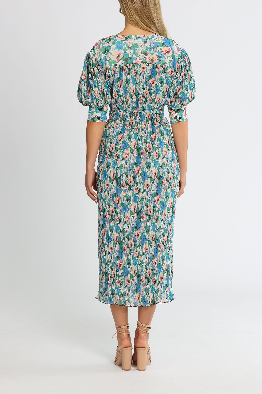 Hire Pleated Georgette Floral Azure Blue Short Sleeve Midi Dress | Ganni |  GlamCorner