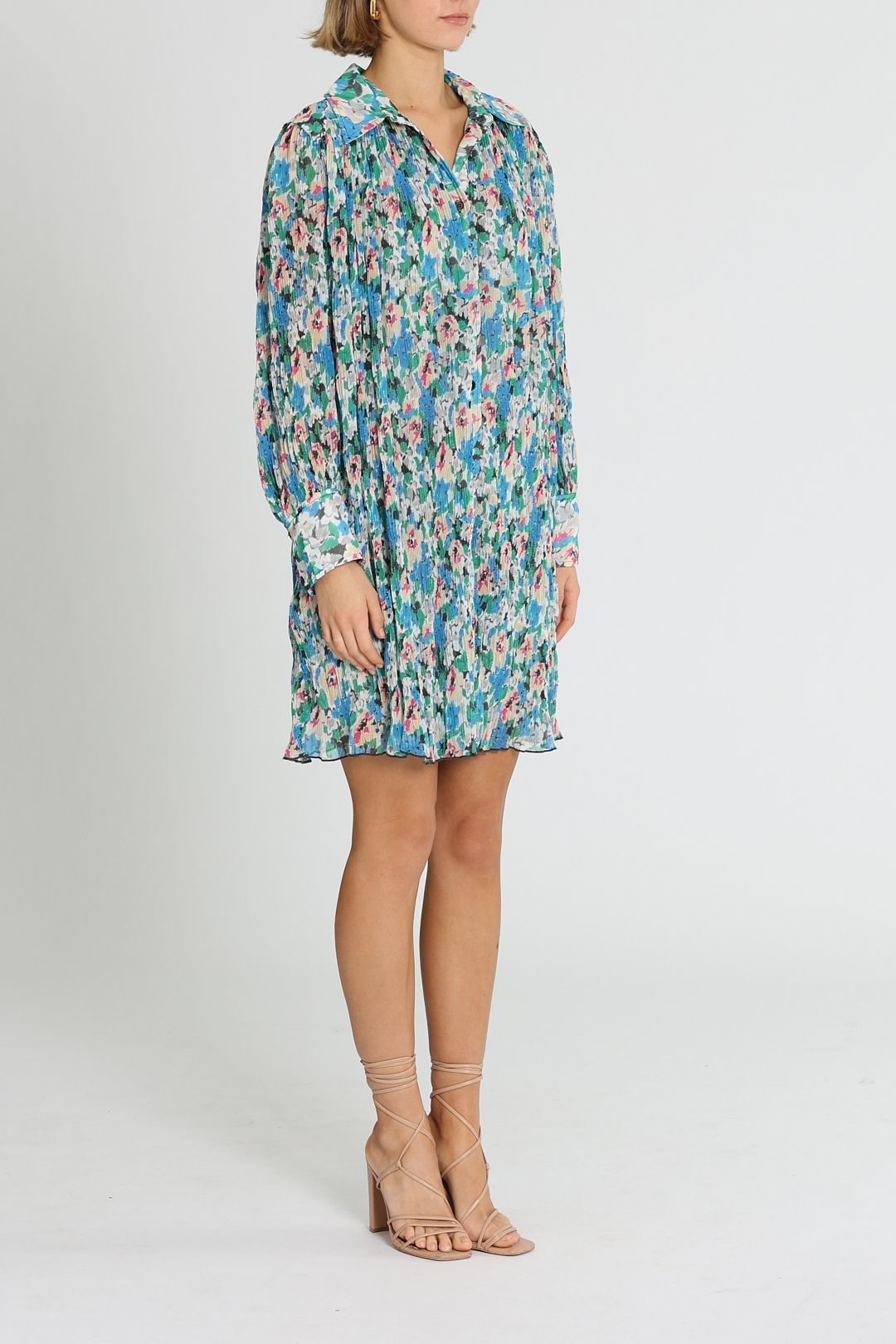 Hire Pleated Georgette Long Sleeve Mini Dress in Floral Azure Blue