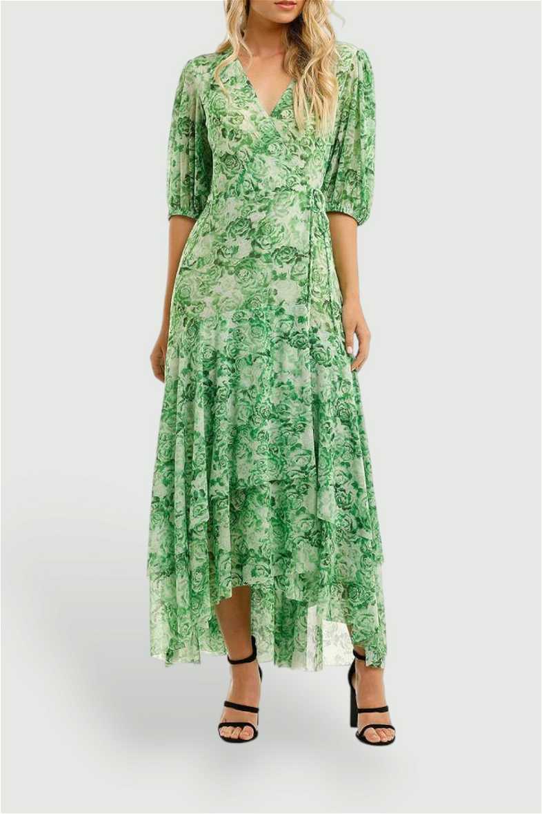 Ganni Green Floral Wrap Dress Printed Mesh Long Dress In Green By