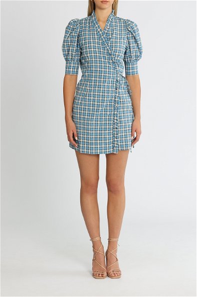 ganni blue seersucker check mini dress Hire Check Azure Short Sleeve | [Designer] Size:120cm Complete with an all inci işlemeli dantelli abiye elbise Ariana Grande wearing Gilbert