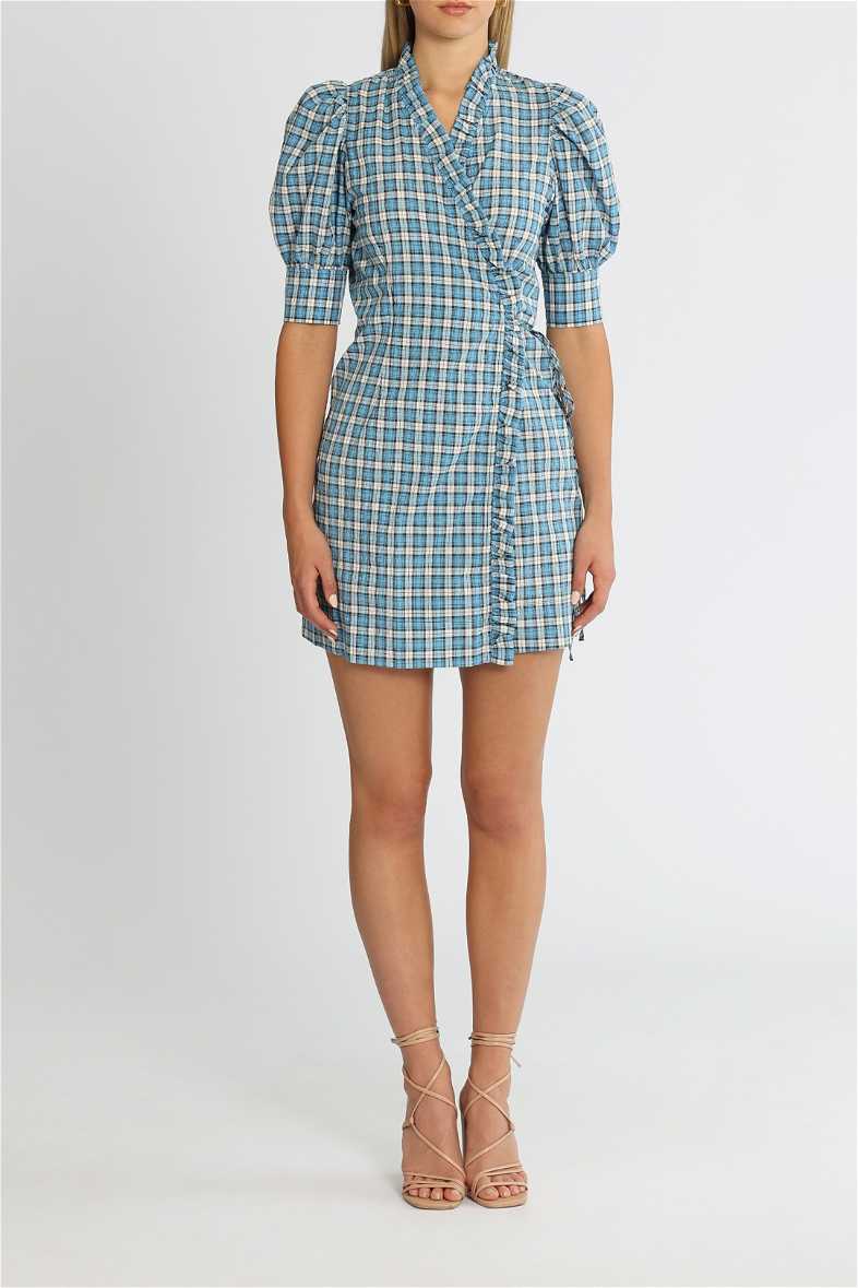 ganni seersucker dress blue Ganni Seersucker Check Dress in Check Azure Blue