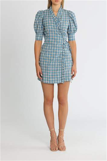 ganni blue checkered dress Hire Seersucker Check Check Azure Short Sleeve Mini | [Designer] Gingham dress