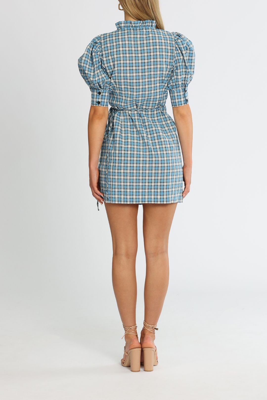 Ganni Seersucker Check Azure Blue Short Sleeve Mini Dress Ruffles