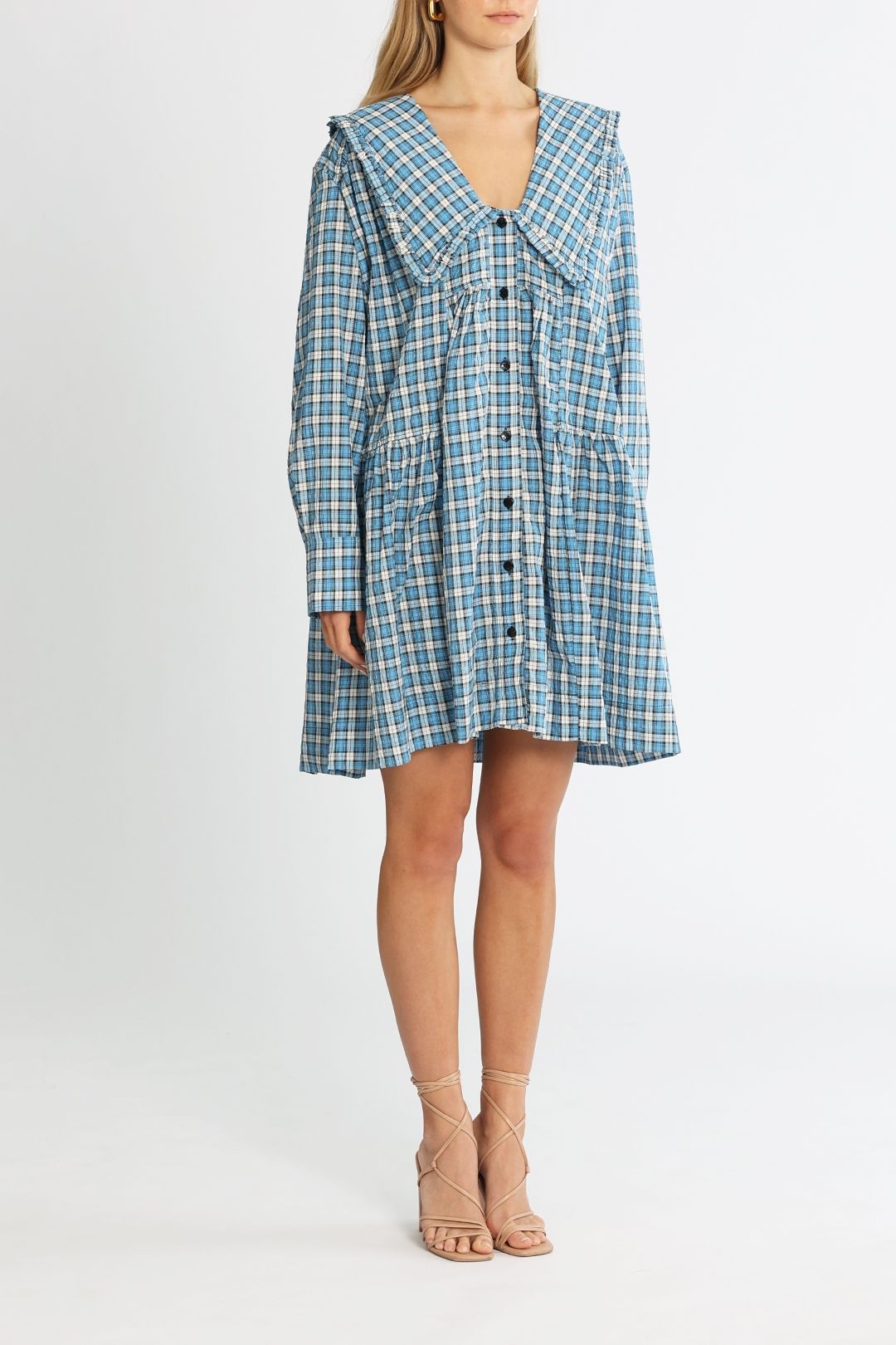 Hire Seersucker Long Sleeve Mini Dress in Check Azure Blue Ganni GlamCorner
