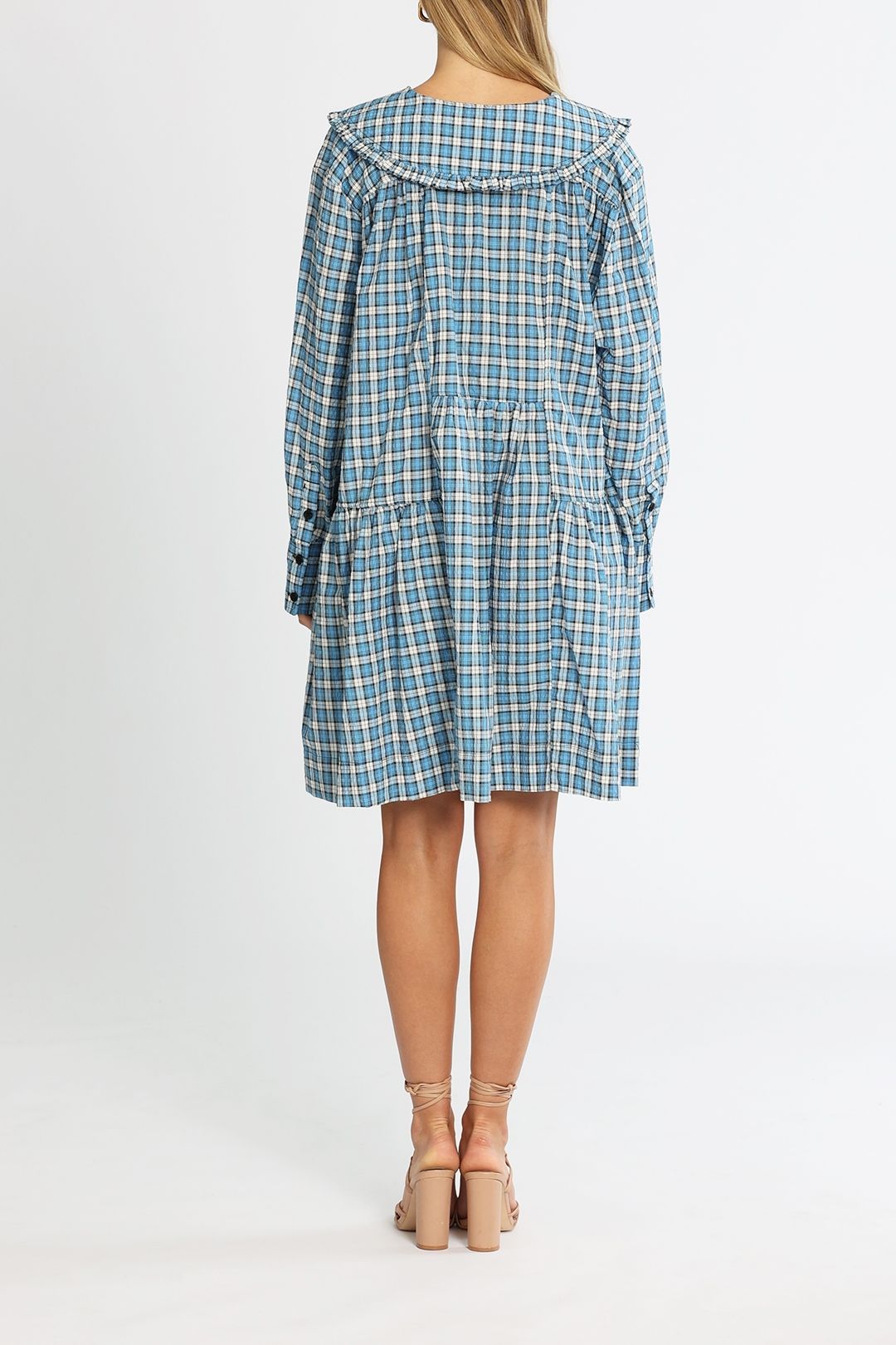 Hire Seersucker Long Sleeve Mini Dress in Check Azure Blue Ganni