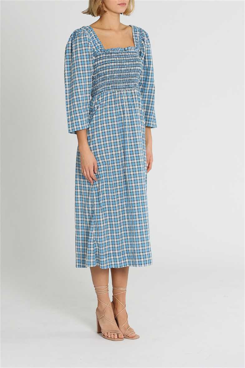 Hire Seersucker Midi Dress With Ruching in Check Azure Blue | Ganni |  GlamCorner
