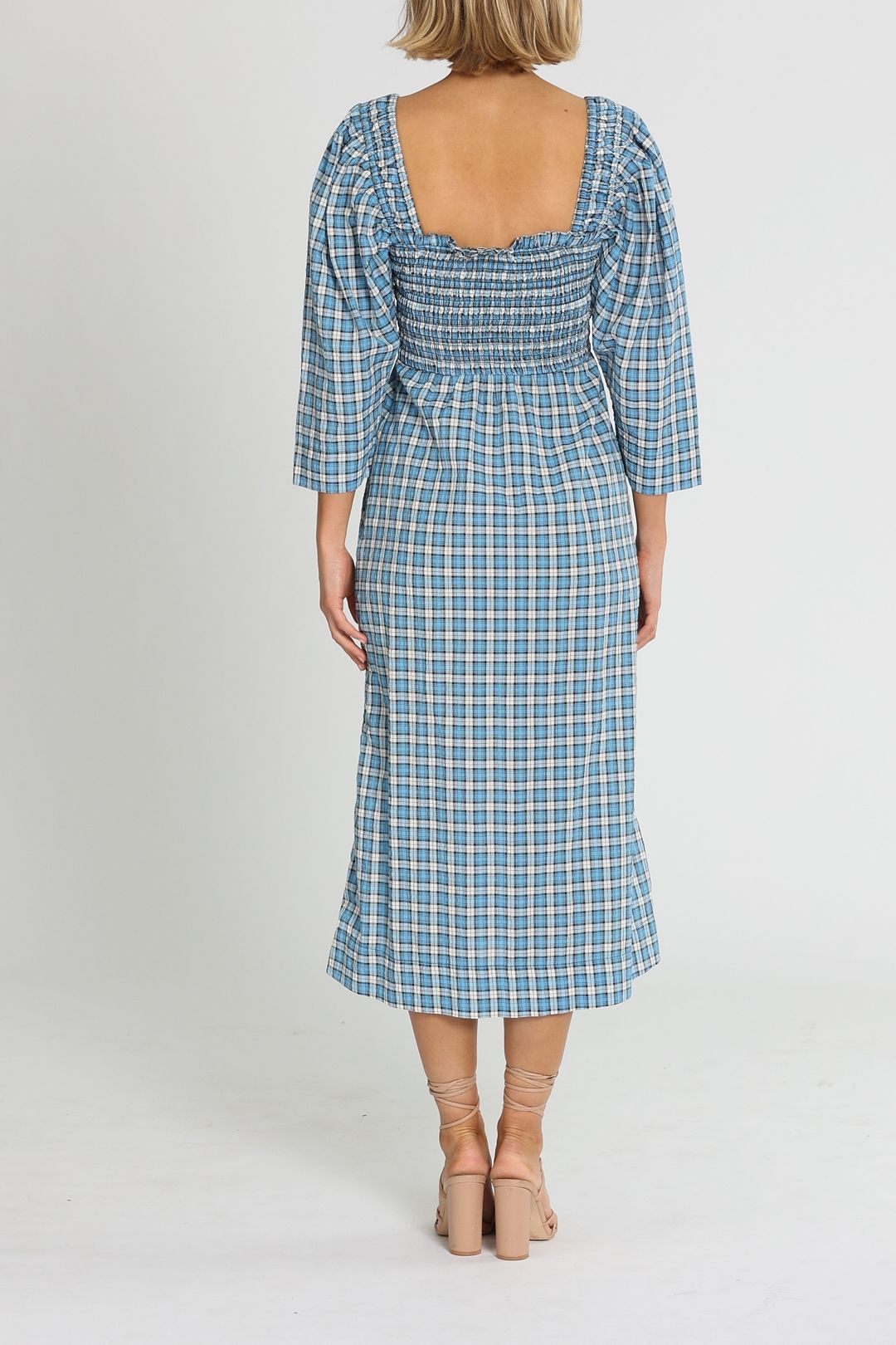 Hire Seersucker Midi Dress With Ruching in Check Azure Blue Ganni GlamCorner