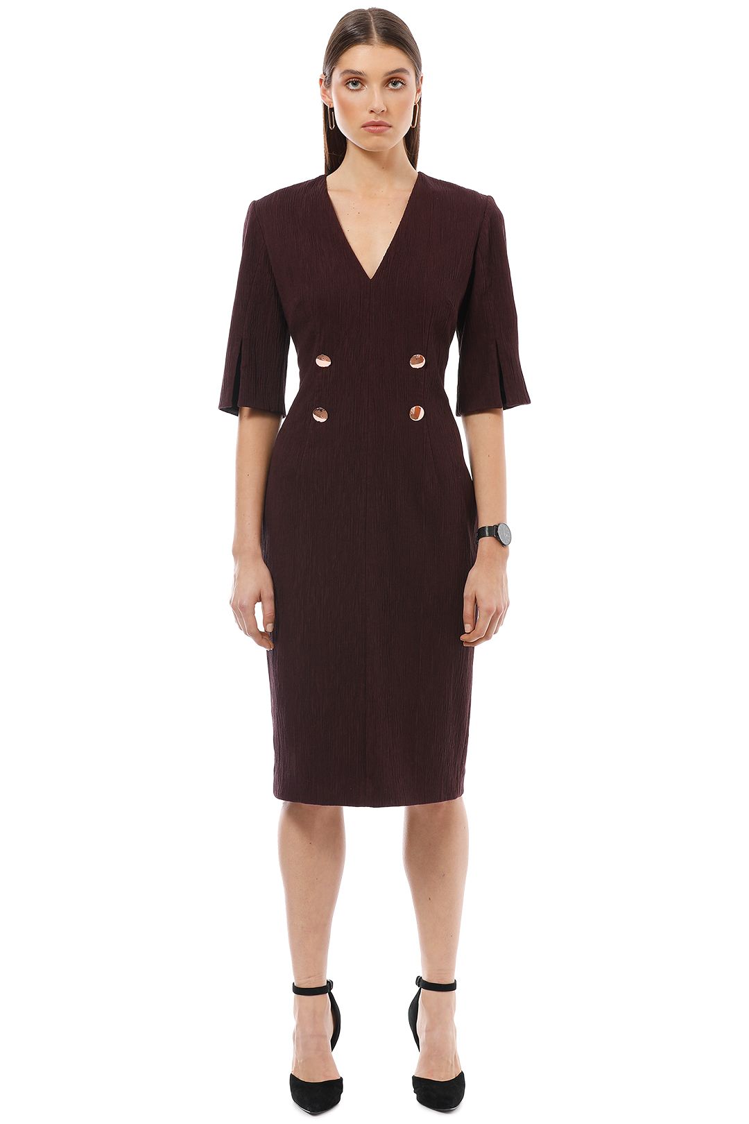 Ginger and Smart - Moduate Dress with Sleeve - Burgundy - Front