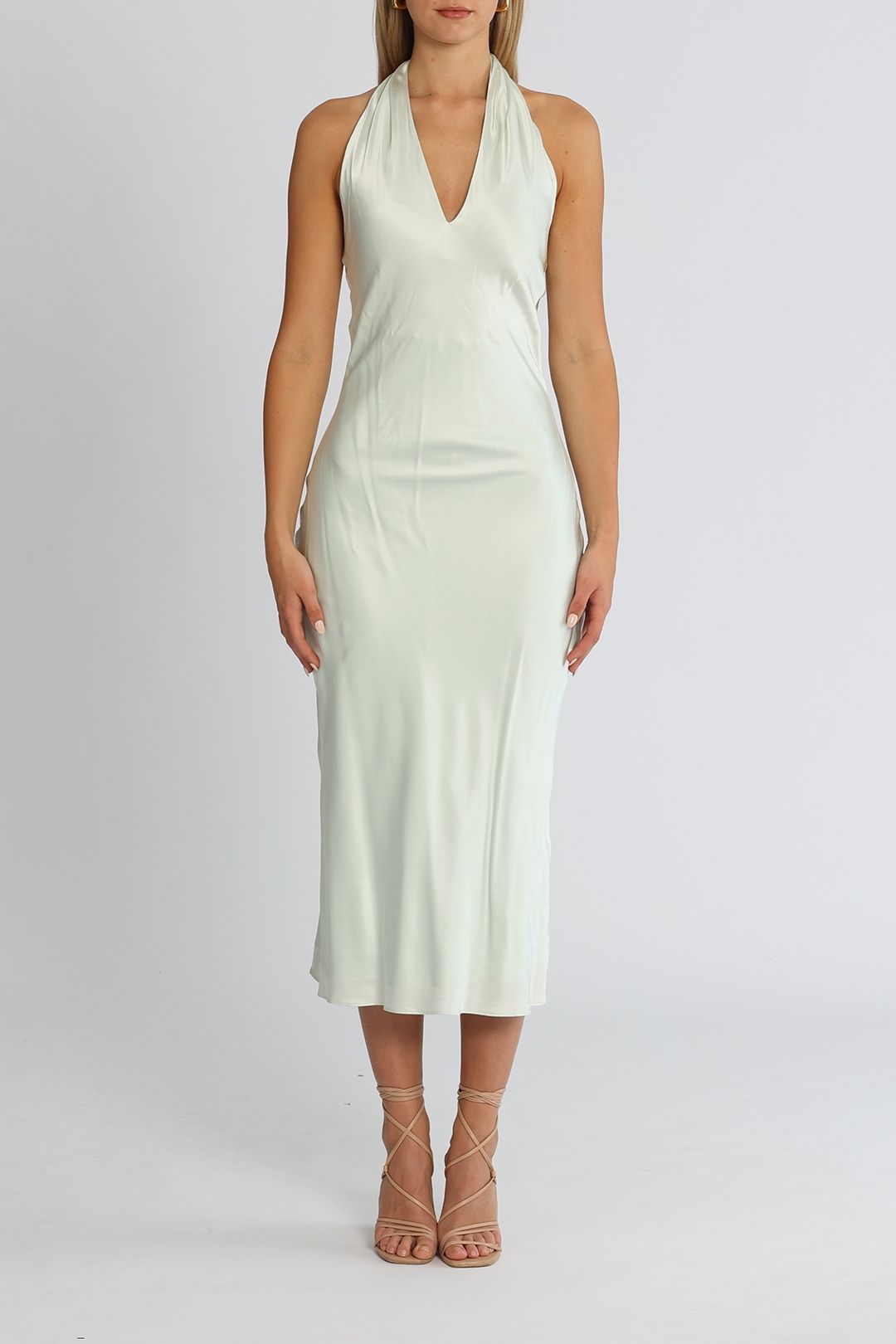 Hire Willow Silk Midi Halterneck Dress in Breeze Ginia GlamCorner