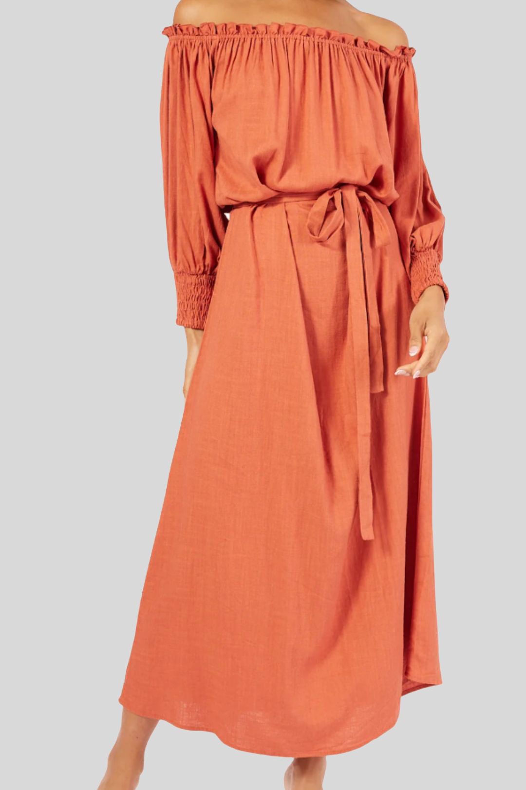Buy August Off Shoulder Maxi Dress in Orange Girl and the Sun GlamCorner