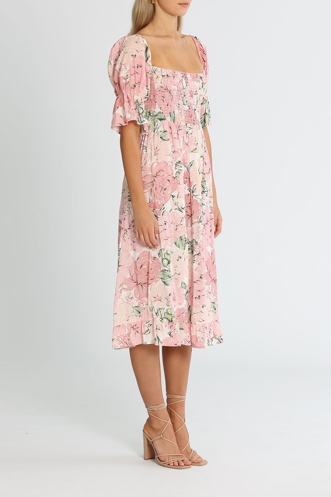 Girl and the Sun Soleil Midi Dress Pink Floral Print Puff Sleeves