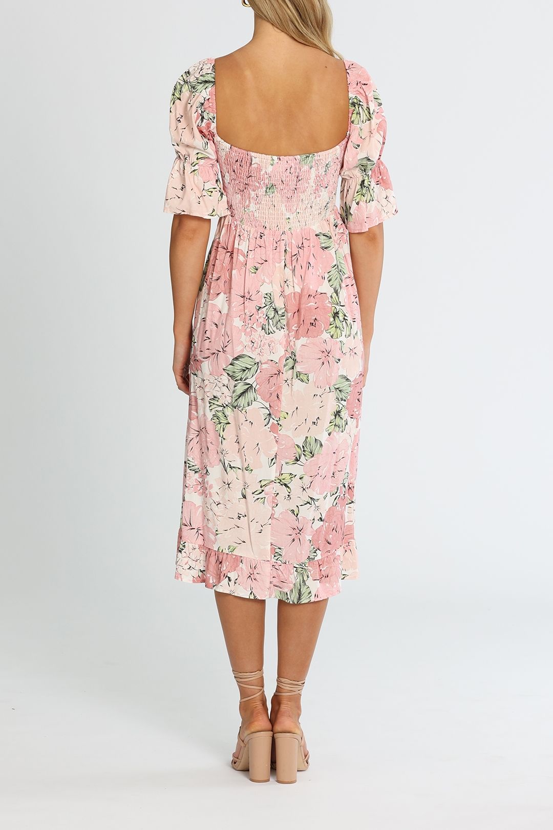 Girl and the Sun Soleil Midi Dress Pink Floral Print Shirred Bodice