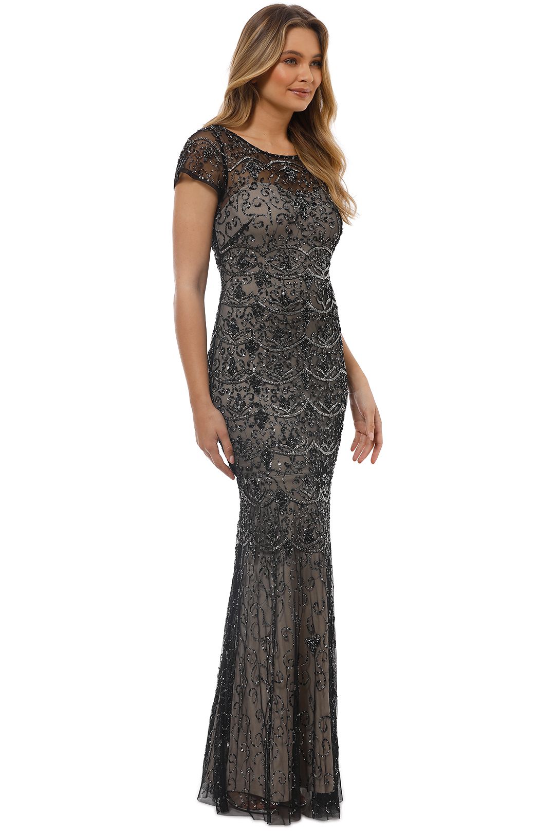 strapless open back dress Jovani 38583 - Feather Embellished Long Sleeve Prom Dress 4 / Gold