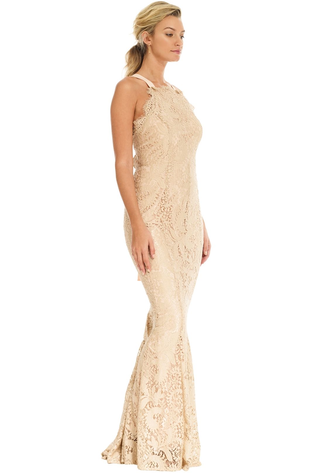 Mystic Lace Cross Back Gown in Tan by Grace & Hart for Hire | GlamCorner Mystic Lace Cross Back Gown in Tan by Grace & Hart for Hire | GlamCorner