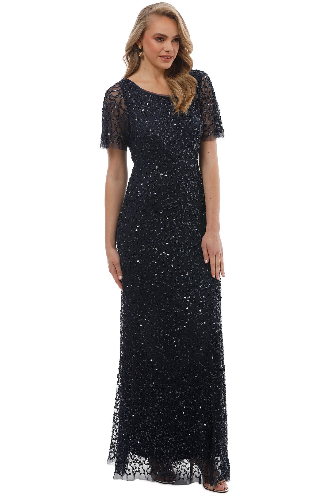 Navy Short Sleeve Sequin Gown by Grace & Blaze for Rent
