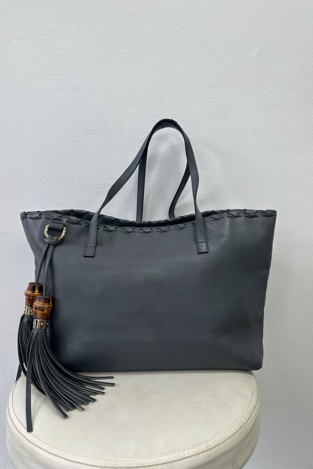 Gucci Grey Leather Tote with Bamboo Tassel 
