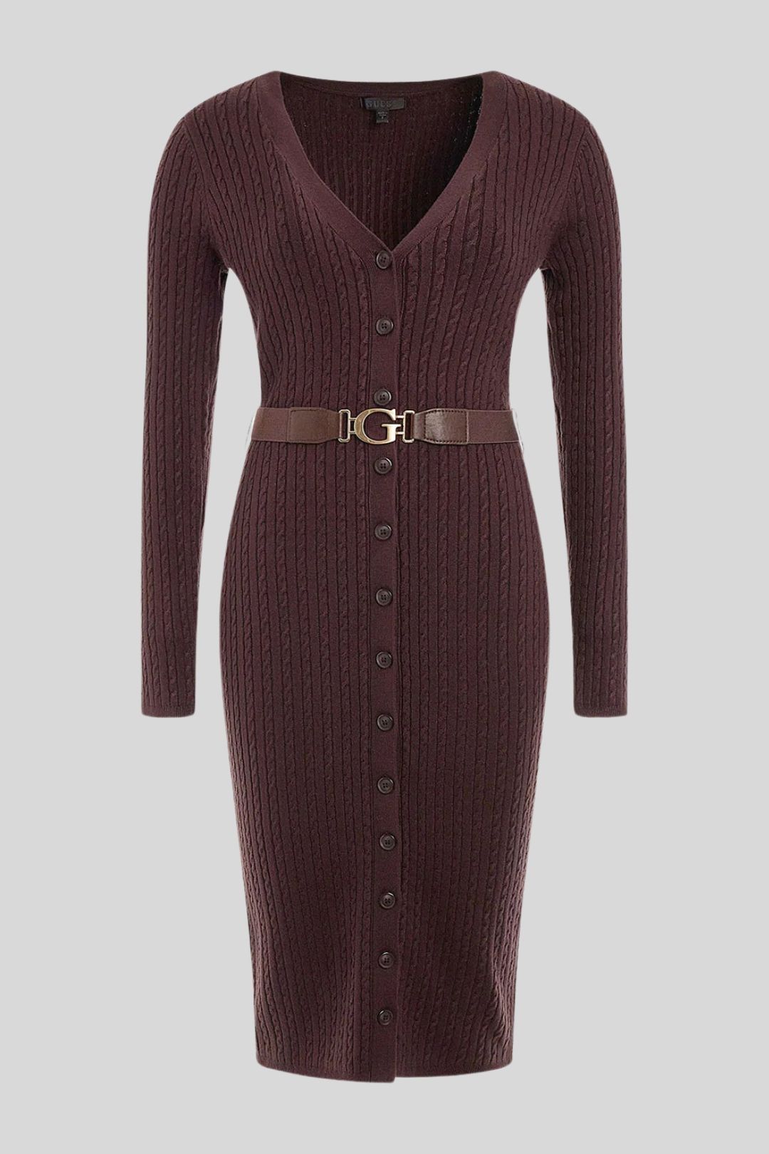 Hire Eco Brown Lena Cardigan Midi Dress | Guess | GlamCorner Hire Eco Brown Lena Cardigan Midi Dress | Guess | GlamCorner