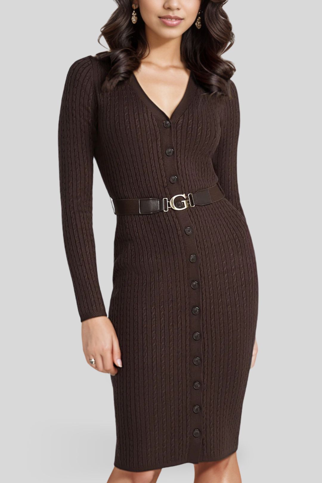Hire Eco Brown Lena Cardigan Midi Dress Guess GlamCorner