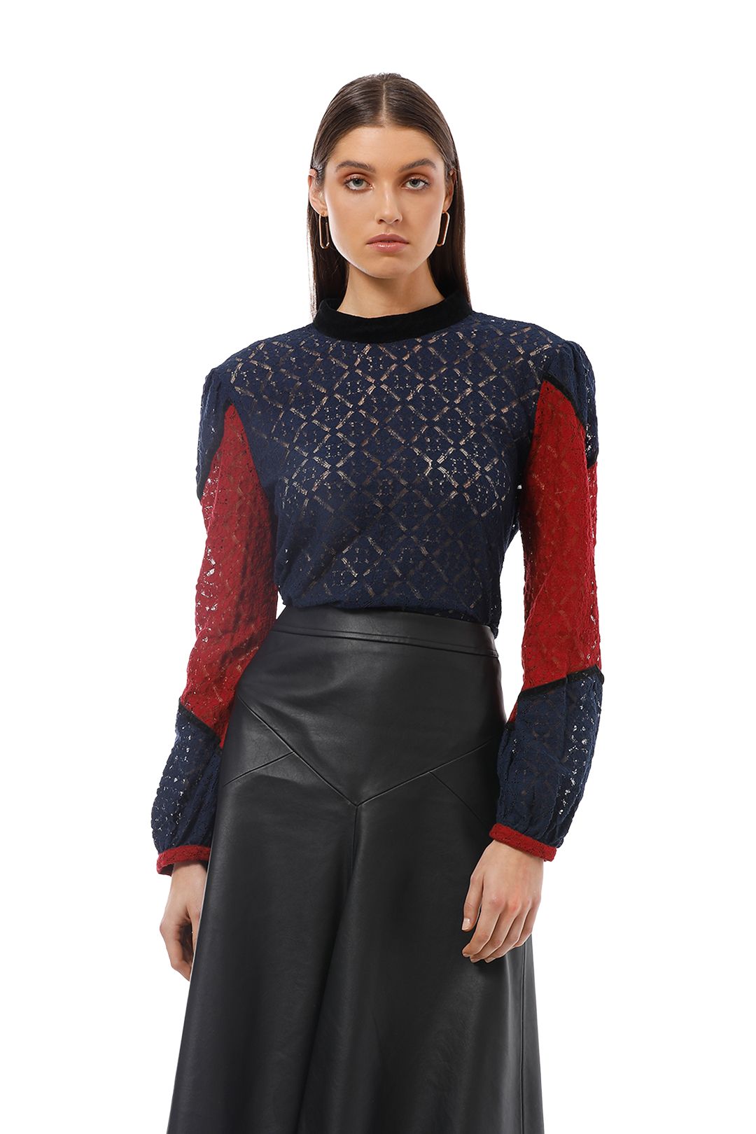 Gysette - Asilah Splice Lace Top - Navy Red - Front Close