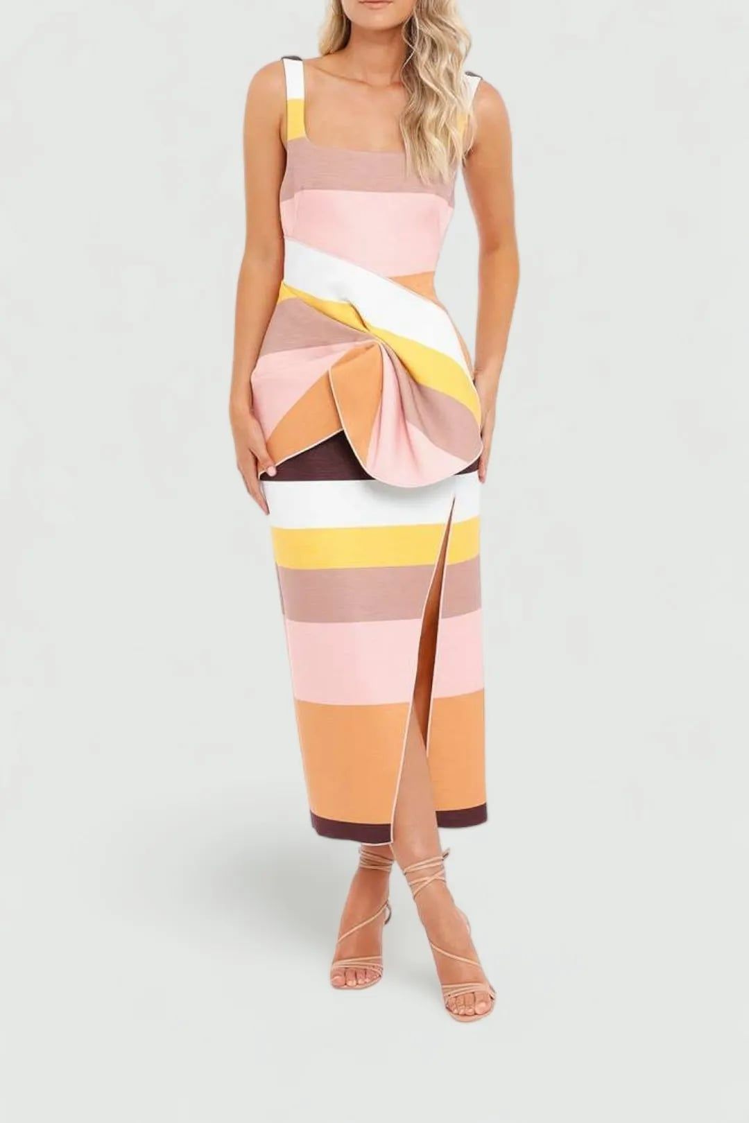 Hire Harper dress in rainbow stripe for summer events.