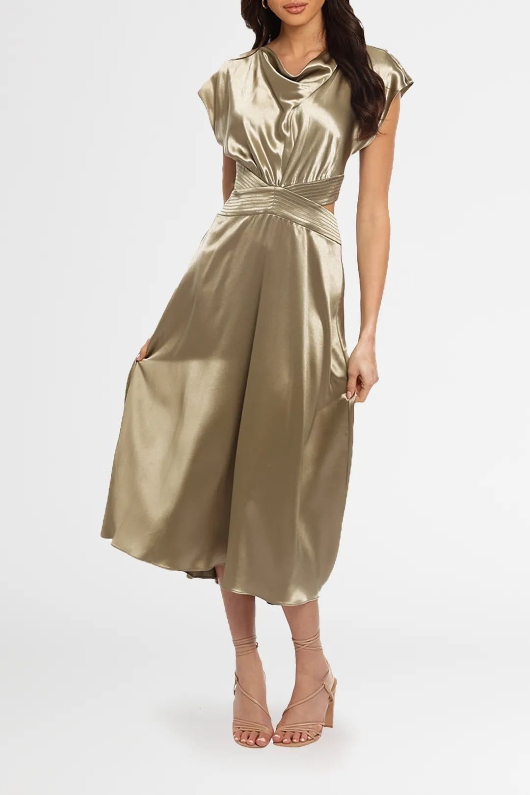 Hire Plympton dress in khaki for cocktail events.
