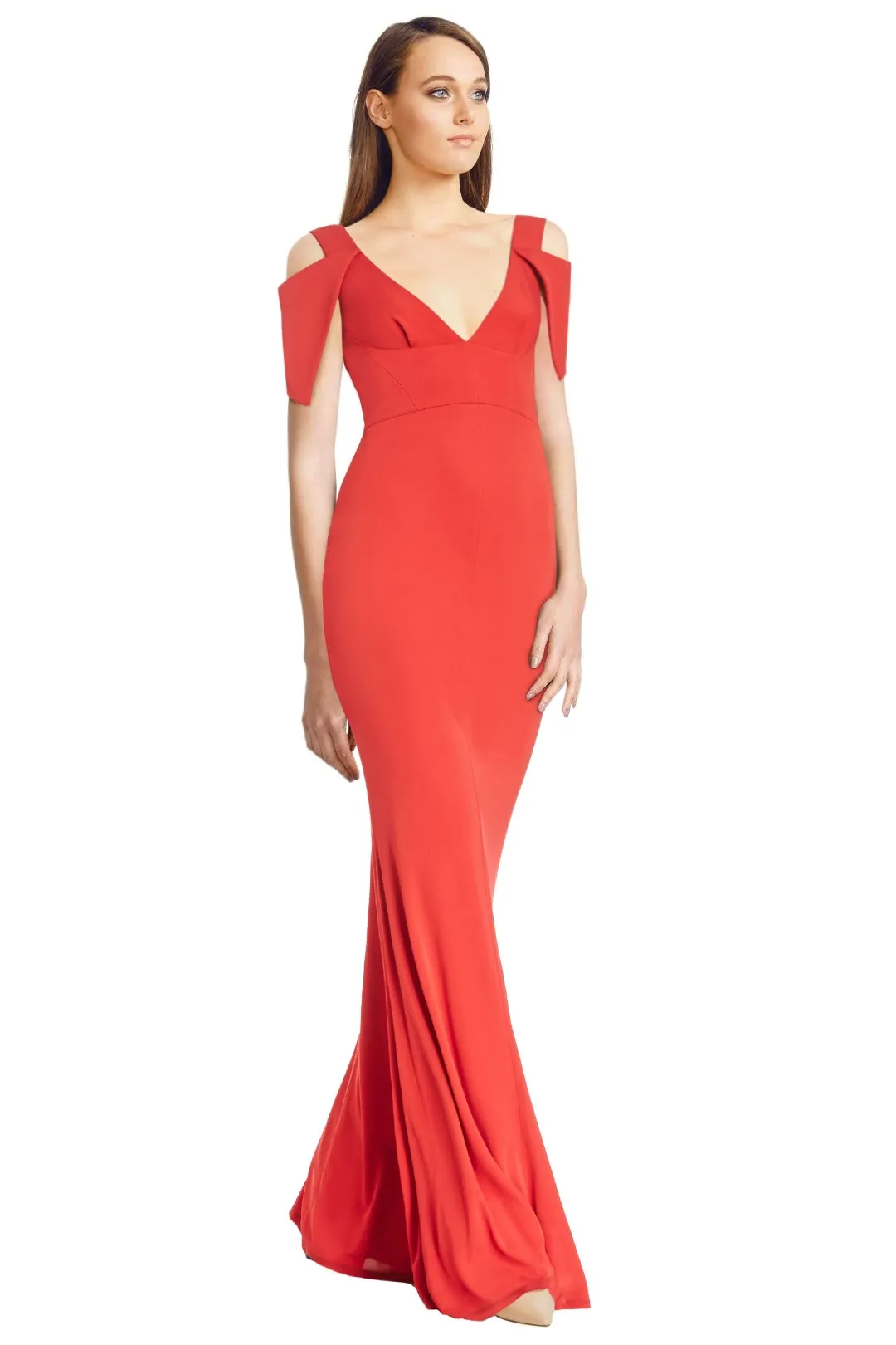 Red Carpet Triangle Sleeve Deep V Neck Gown available for hire