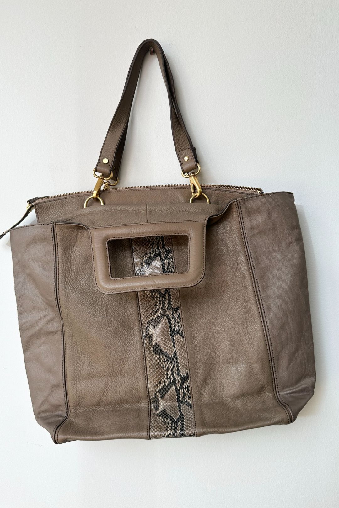 Mimco Taupe Leather Snake Print Bag
