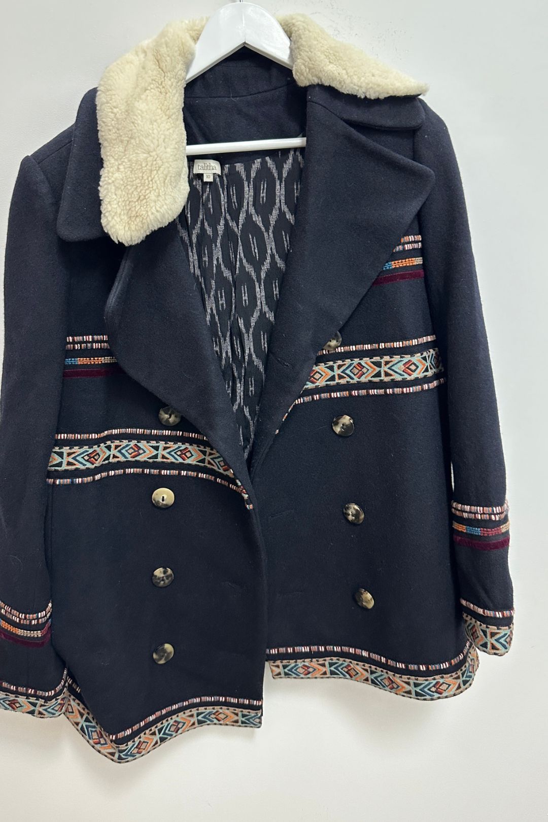 Talitha Boho Style Double Breasted Winter Coat in Navy