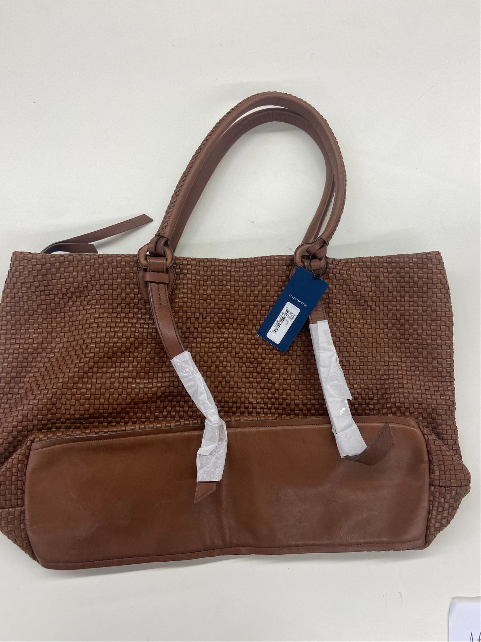 Cole Haan Woven Wicker Style Leather Bag in Apricot