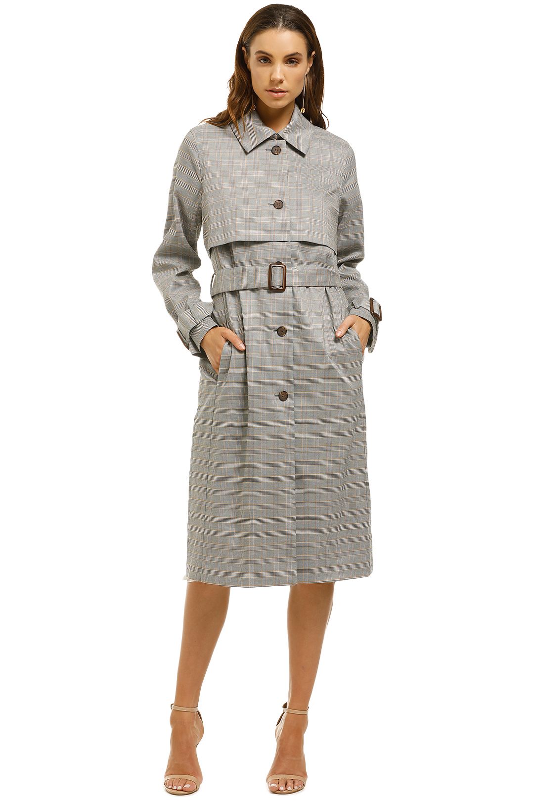 Iris-and-Ink-Prince-Of-Wales-Check-Woven-Trench-Coat-Grey-Front