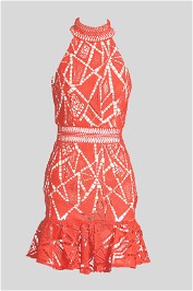 Jarlo Petite All Over Lace High Neck Mini Prom Dress in Orange