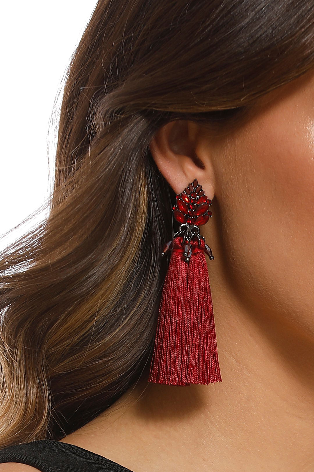 Jewelled Top Tassel Earrings - Burgundy - Product