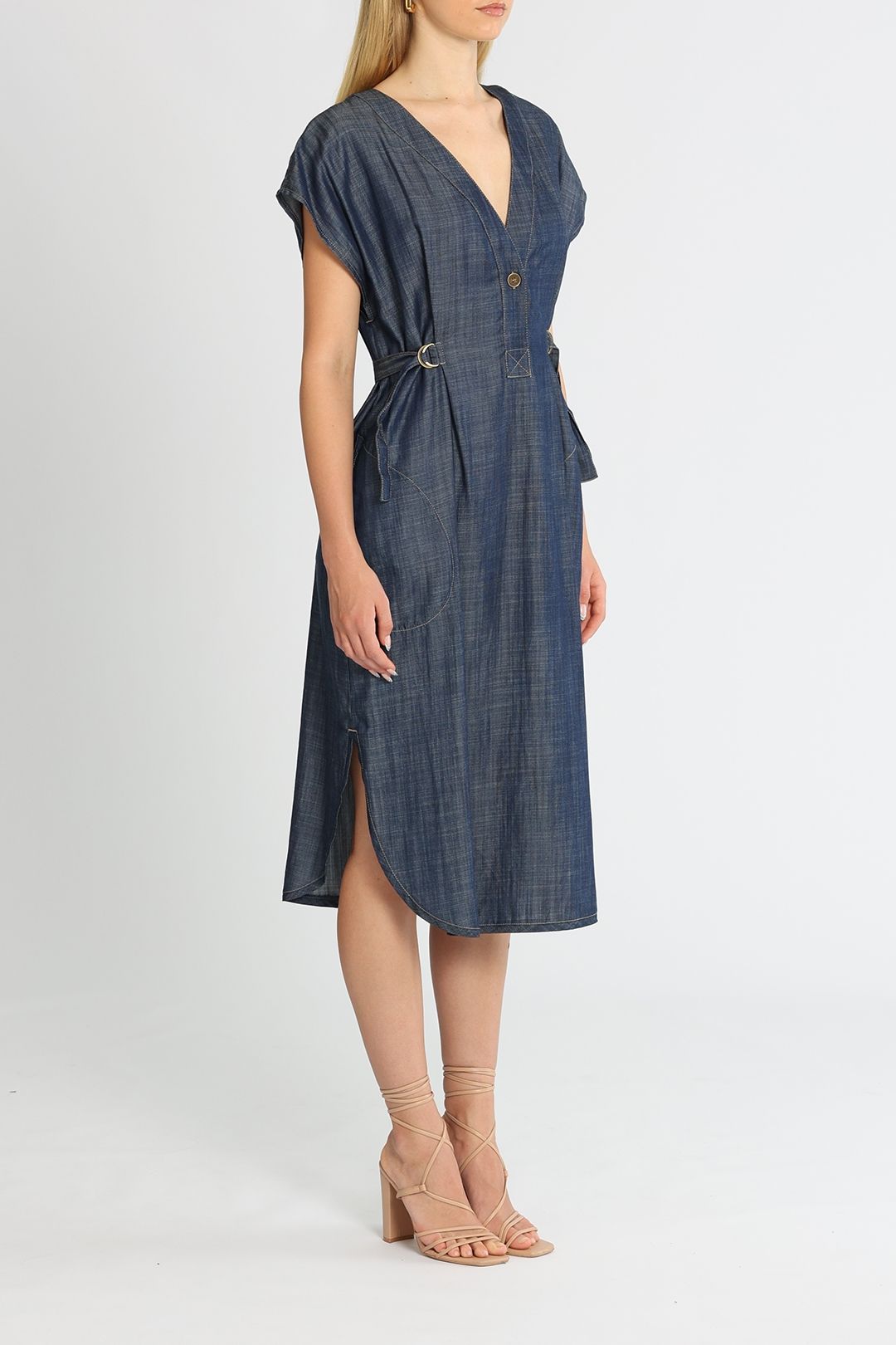 Kate Sylvester Chambray Midi Dress V Neckline